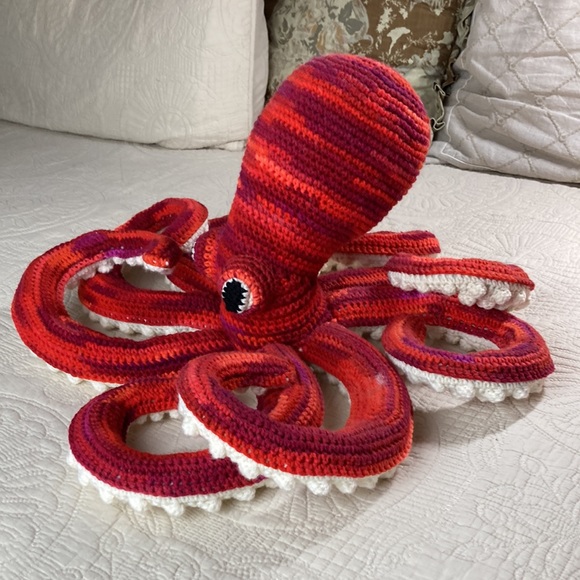 Hand Crafted Crochet Red Octopus Plush Stuffed Animal Toy Realistic New 20” - Picture 2 of 13